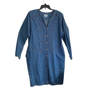 Vintage MONIQUE FASHIONS Denim Button Up Dress Embellished Hidden Pockets